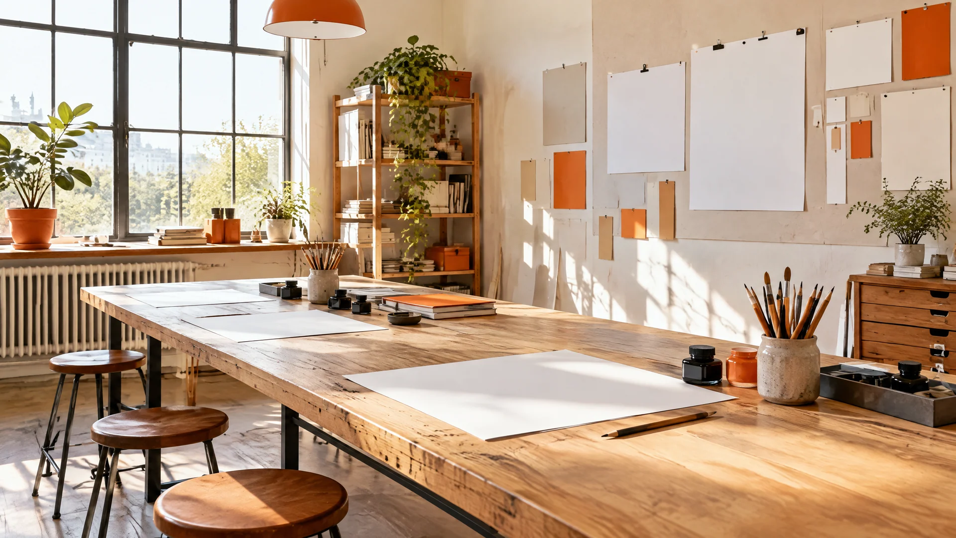 Sunlit type design studio with a long worktable, blank sheets and ink pots