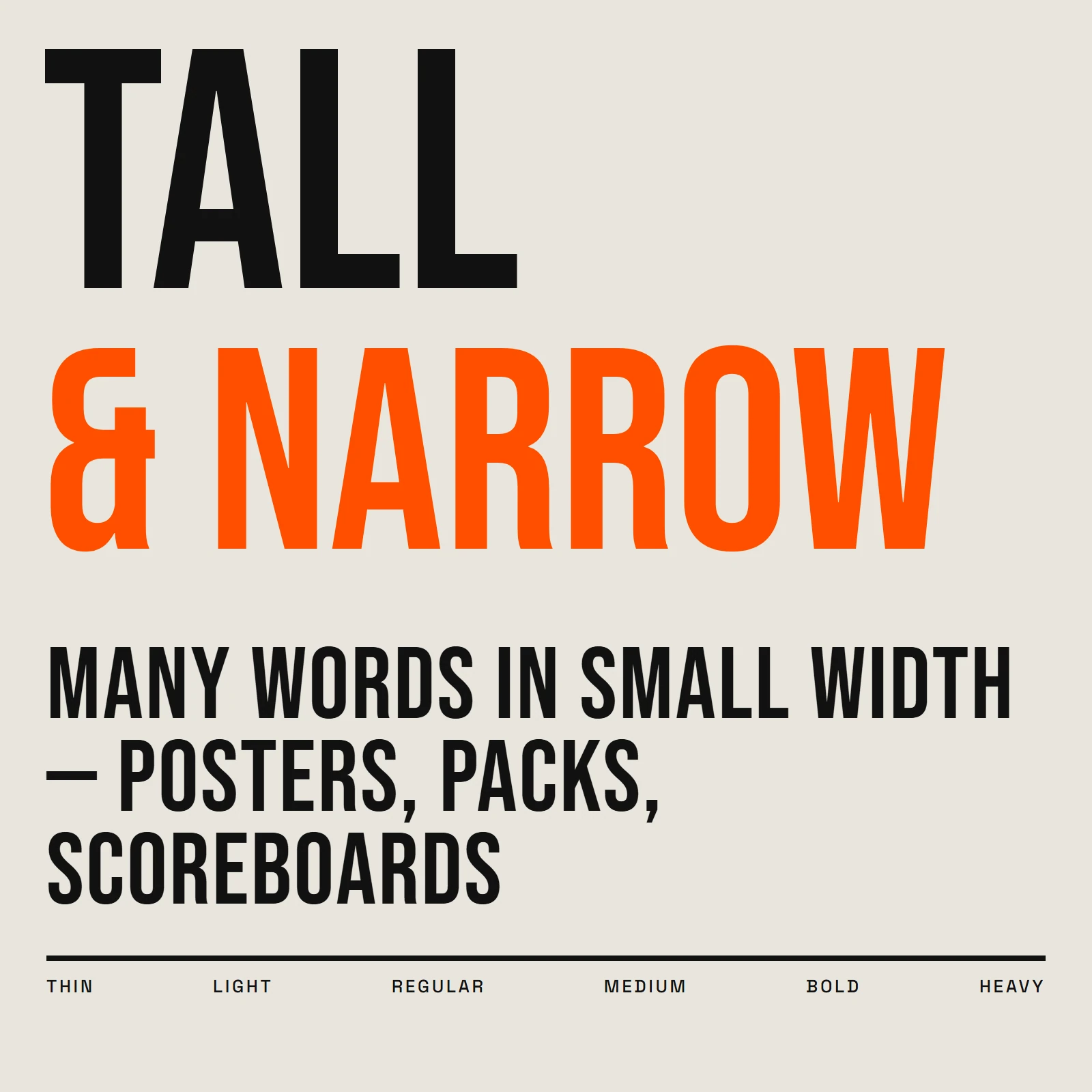 Stacked tall condensed capital headlines in several weights on a light poster layout