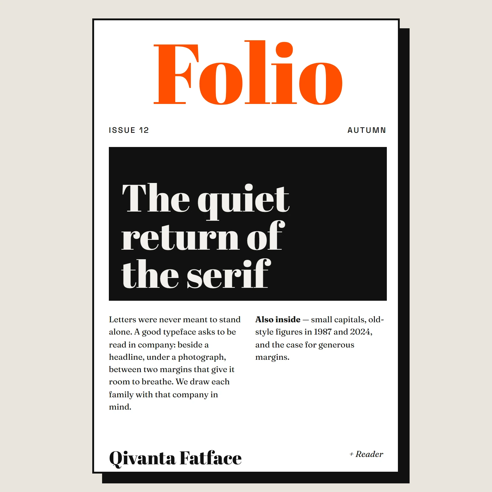 Magazine cover mock-up with a heavy serif masthead and columns of serif body text