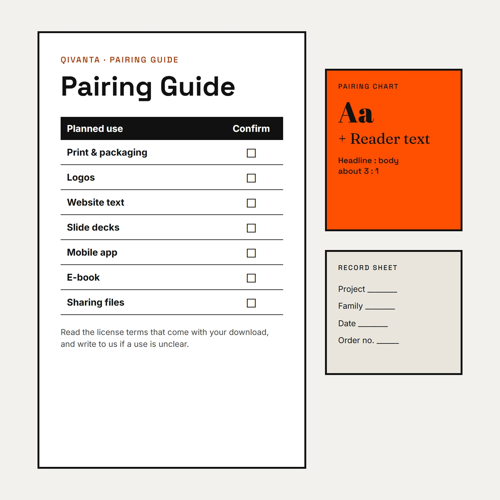Guide document with a family pairing chart, a checklist of uses to confirm and a record sheet