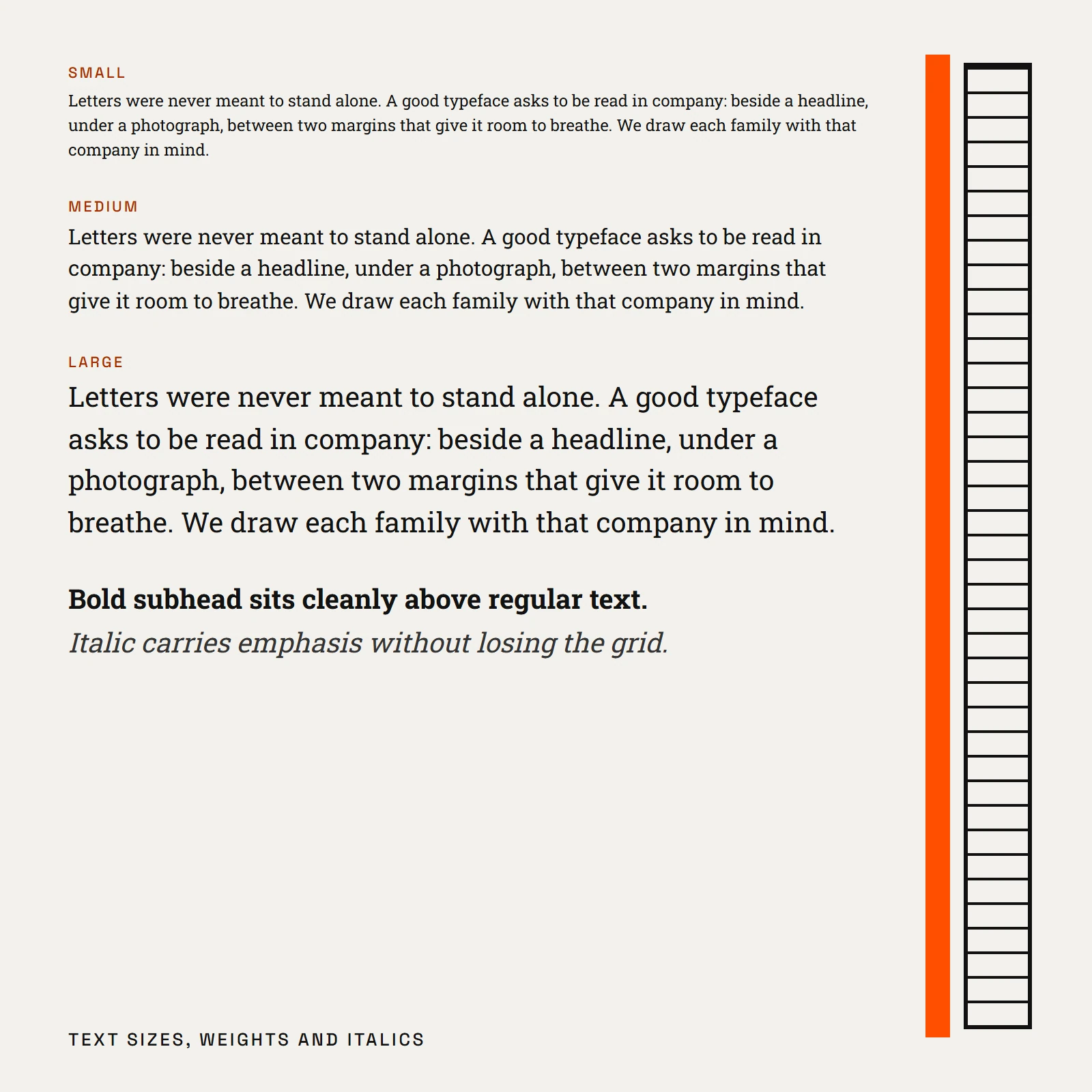 Paragraphs of slab serif text set at different sizes beside a ruler graphic